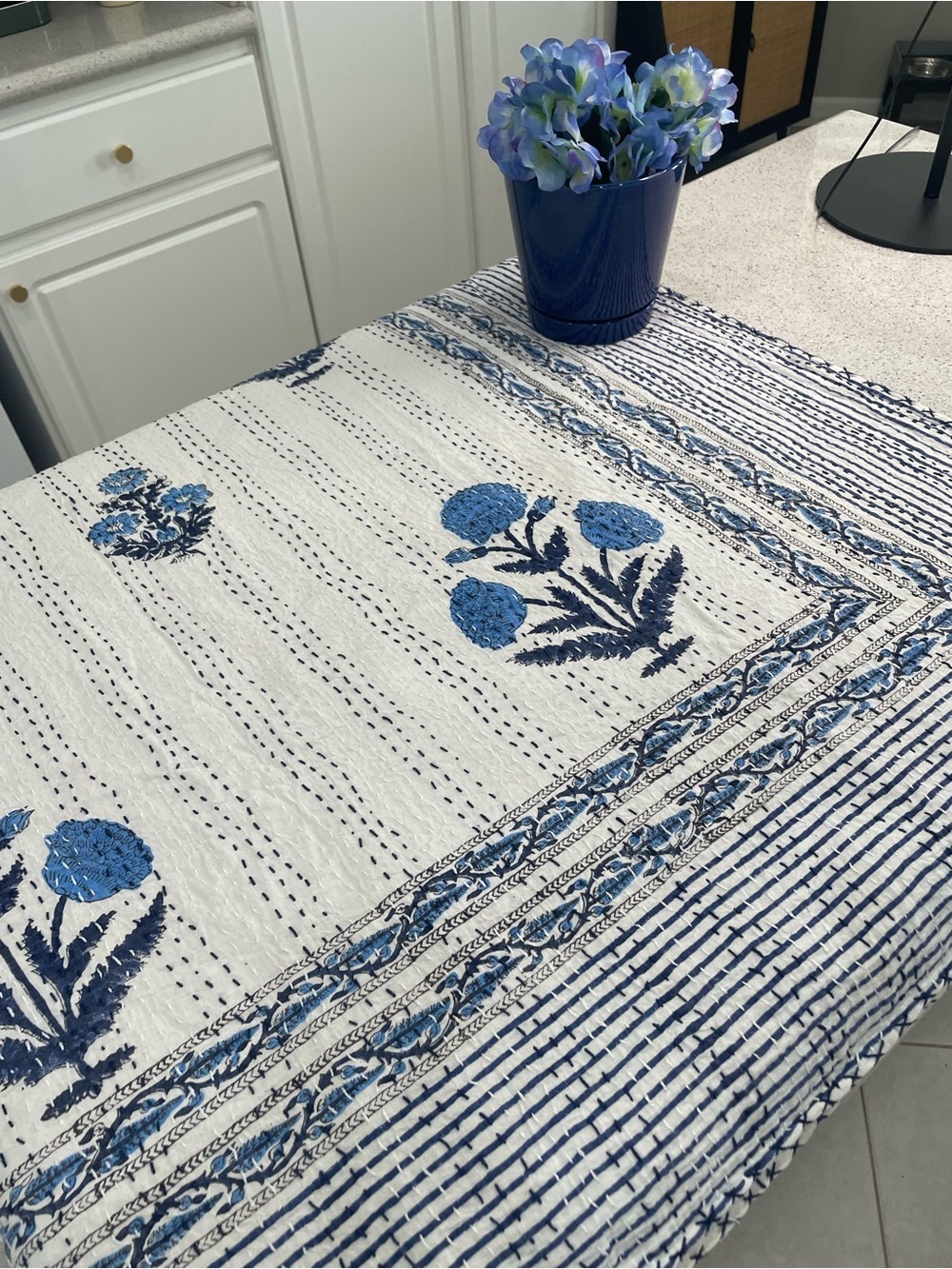 Kantha Blue/White Floral Quilt Top Queen Size 90 X 108 hand stitched